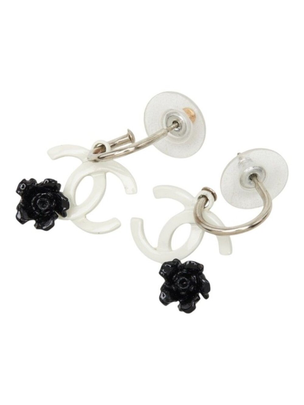 Chanel CC Logo Camellia Swing Earrings 04 White Black Metal